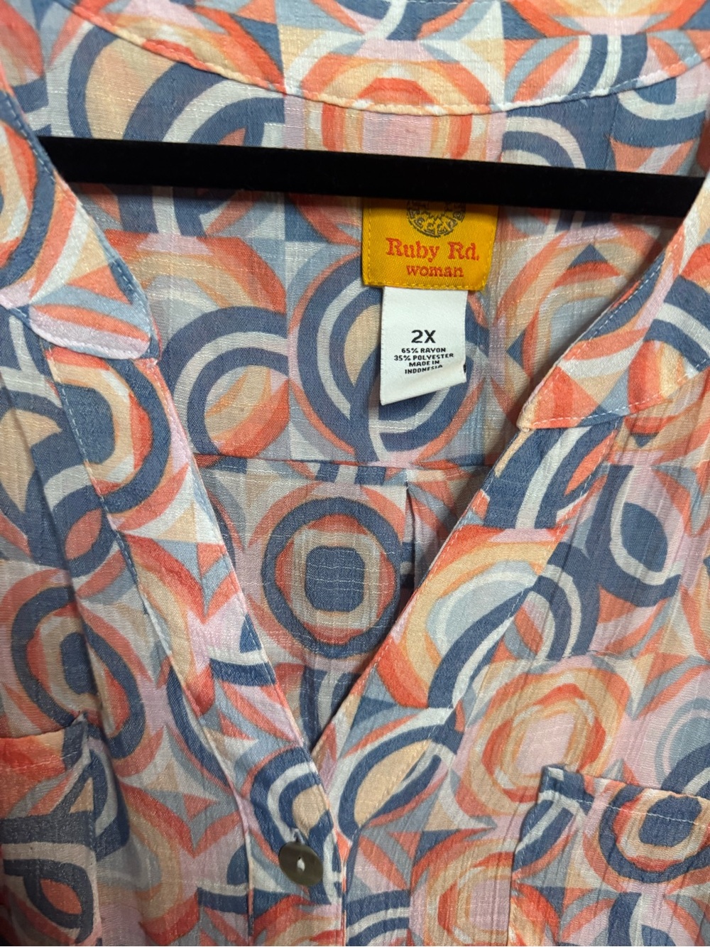 Ruby Rd. Coral and Blue Geometric Button-Front Shirt - Picture 2 of 2